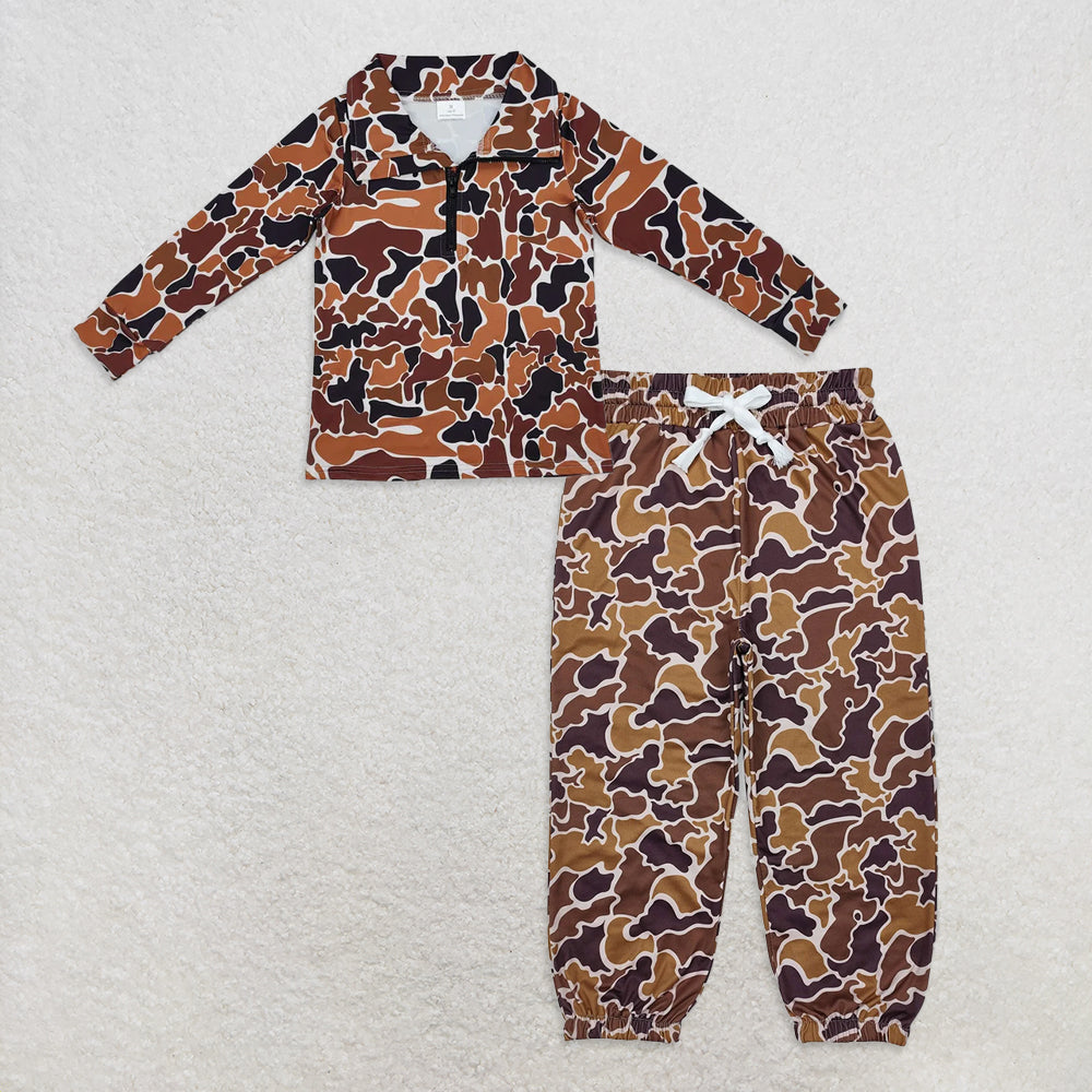 9.30 RTS NO MOQ (In stock)BT0956 + P0669 Baby Boys Brown Camo Long Sleeve Zip Pullovers Tops Bottoms Jogger Pants