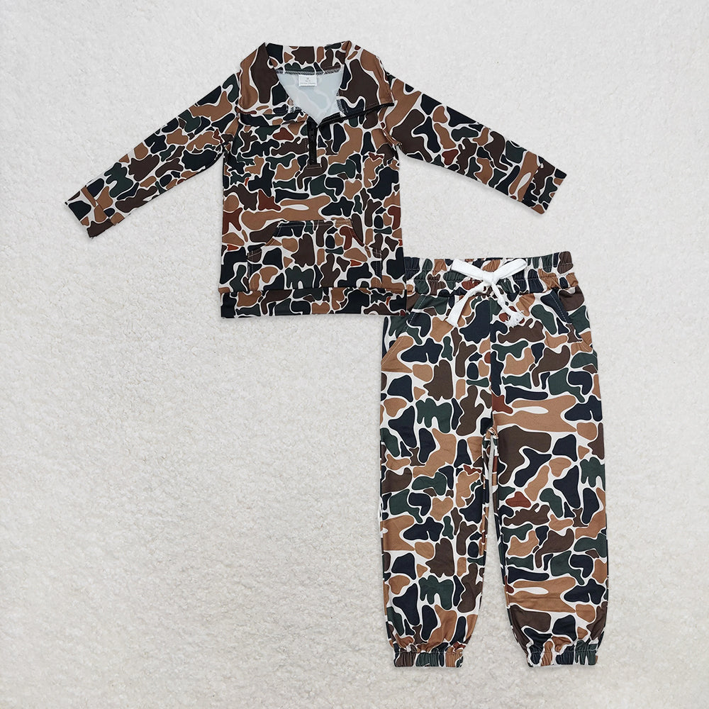 9.30 RTS NO MOQ (In stock)BT1038 + P0650 Baby Boys Dark Brown Camo Zip Pocket Pullovers Tops Bottoms Jogger Pants