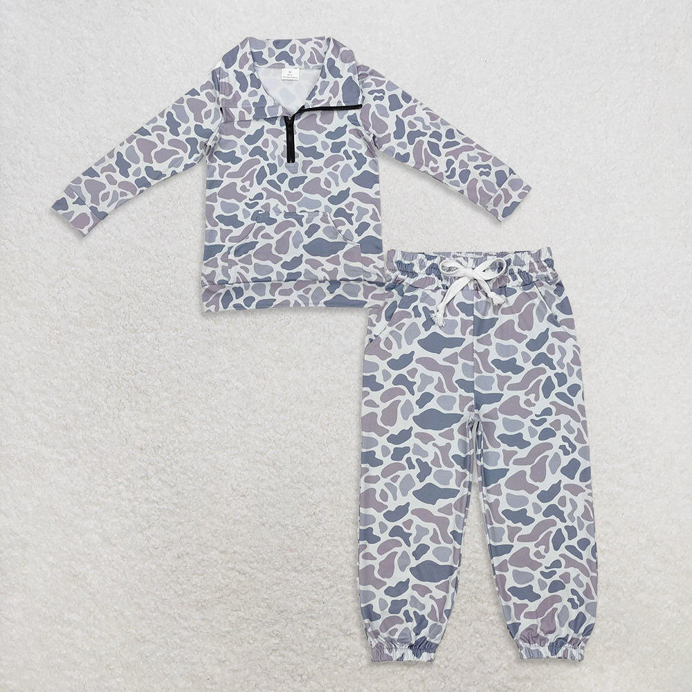 USA Warehouse (IN STOCK) Kids Grey Camo Pullover Long Sleeve Zipper Jacket with Pockets Elastic Waist Boys Hunting Pants Summer Shorts Set