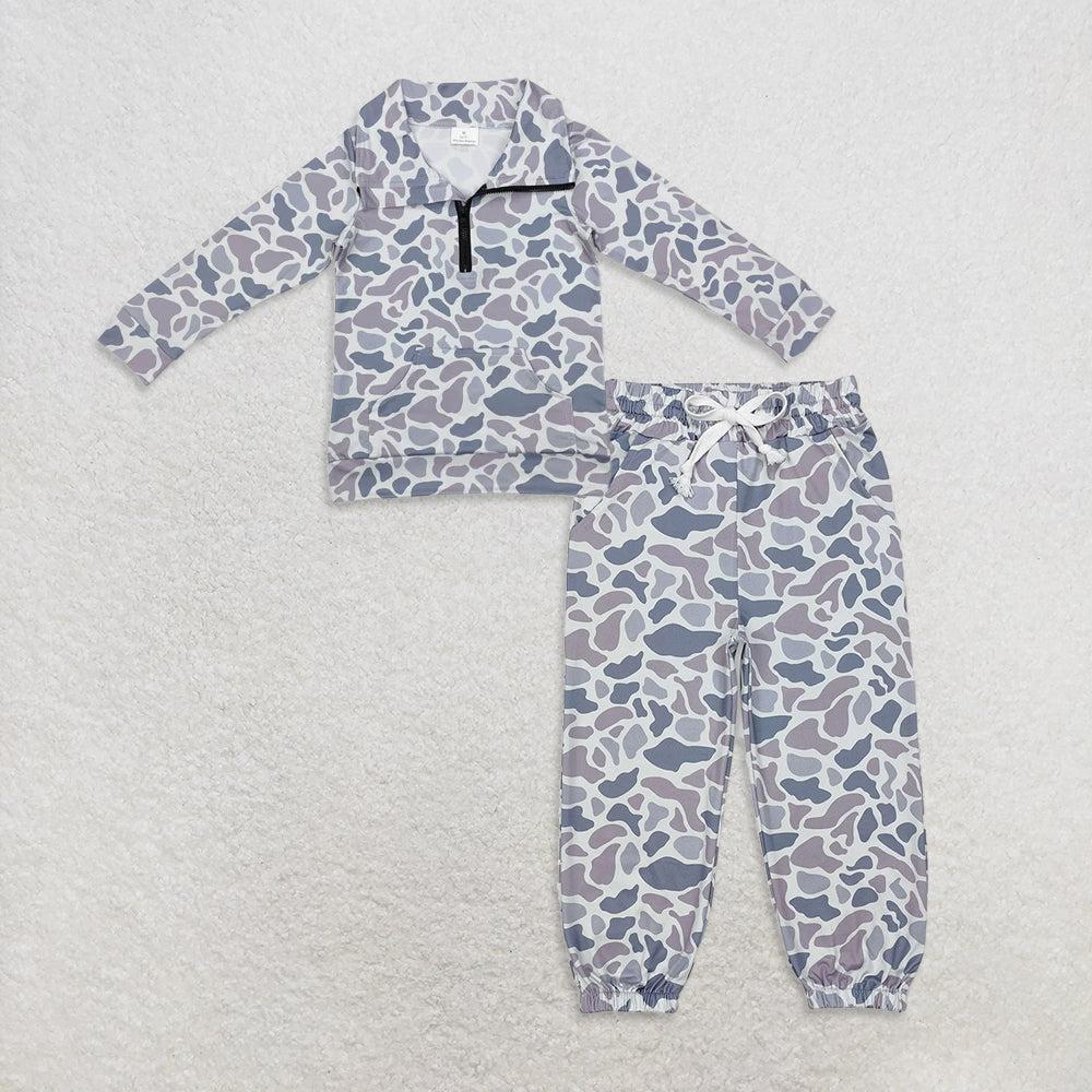 RTS NO MOQ Sibling milk silk Baby Boys Camo Print Half Zip Pocket Pullover And Drawstring Jogger Pants Matching Set