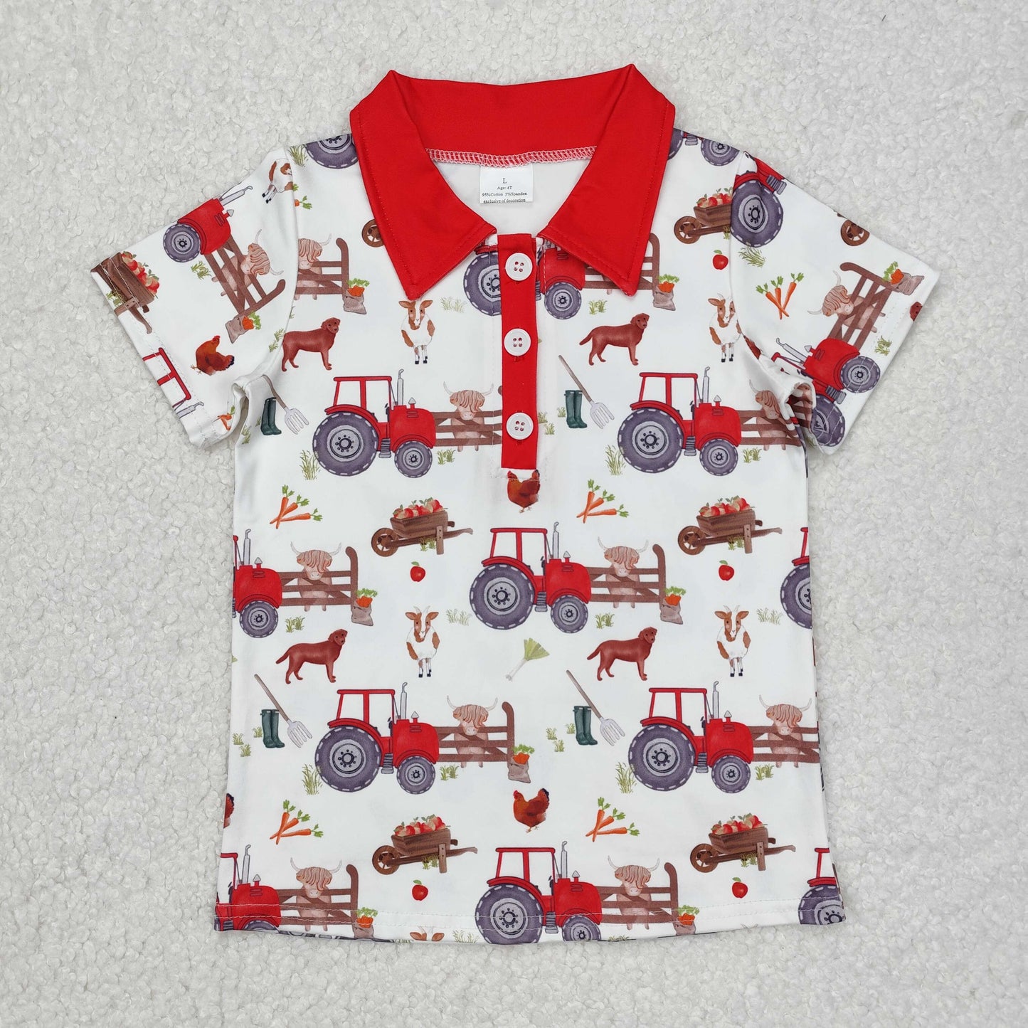BT1043 Red short sleeves tractor chicken goat boys farm polo shirt