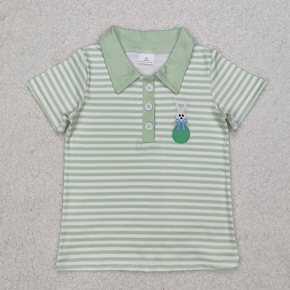 BT1046Kids Boys Easter Polo Shirt Short Sleeves Green Stripe Bunny Design Casual Fashionable Top for Children