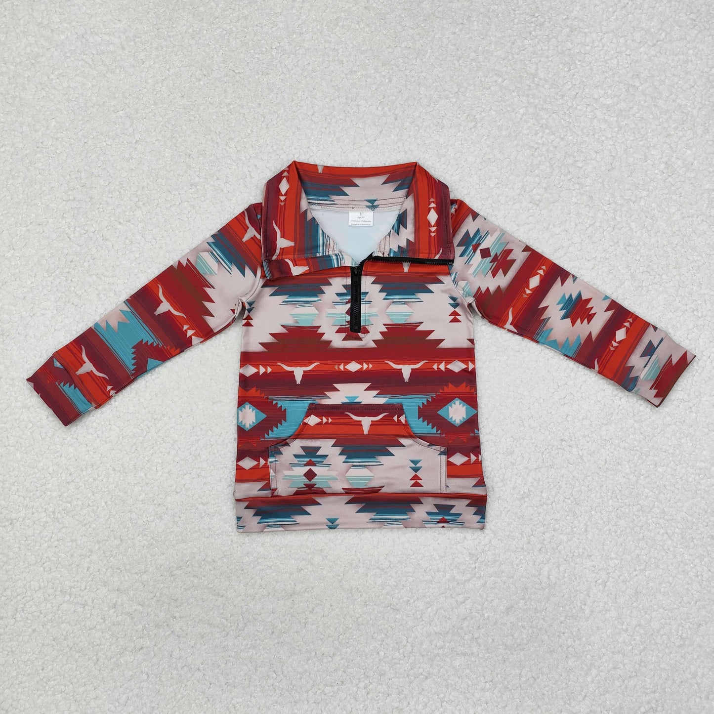 BT1065 Brown turquoise aztec bull skull kids western zip pullover