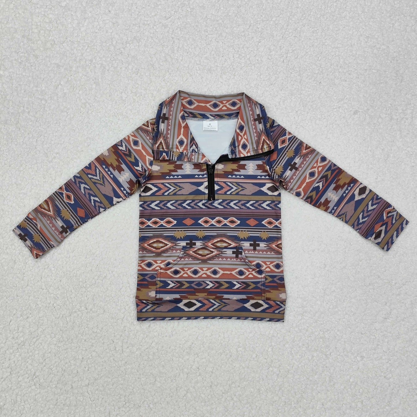 BT1066Long sleeves aztec cross kids western zip pullover