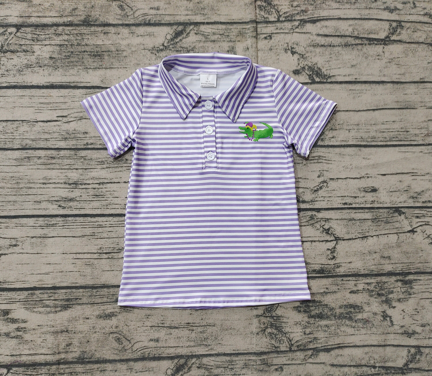 BT1092Short sleeves purple stripe alligator boys Mardi Gras polo shirt