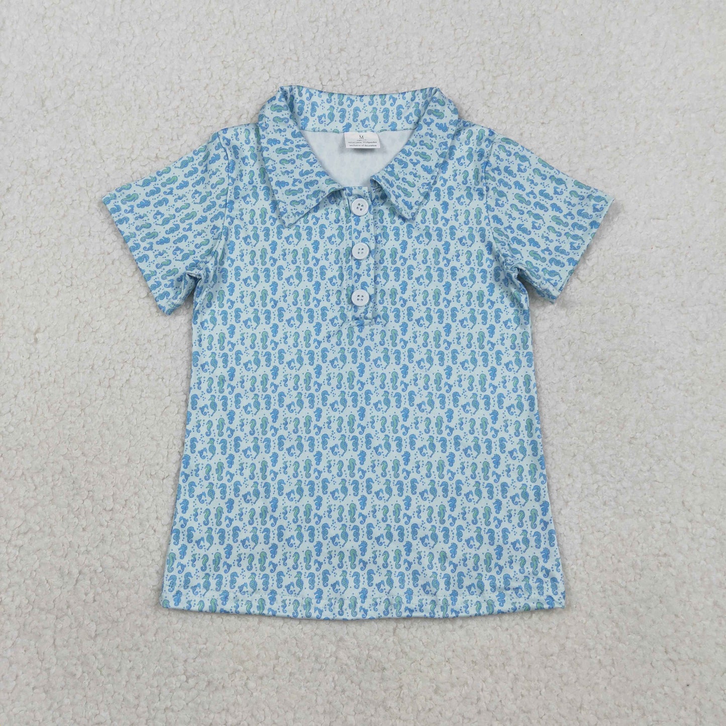 2.9 RTS NO MOQ (In stock)BT1113 Kids Fashion Clothing Baby Boys Blue Short Sleeve Polo Shirts Seahorses Button Tops