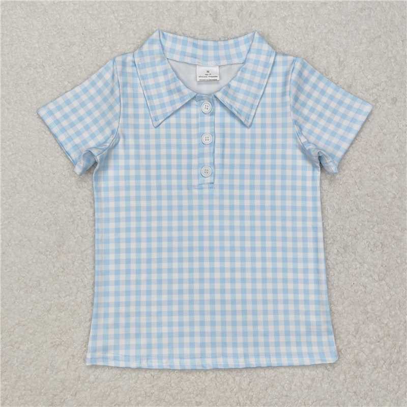 BT1125Short sleeves light blue plaid kids boys polo shirt