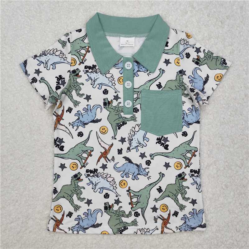 BT1133Baby Boys Green Dinosaurs Pocket Buttons Shirts