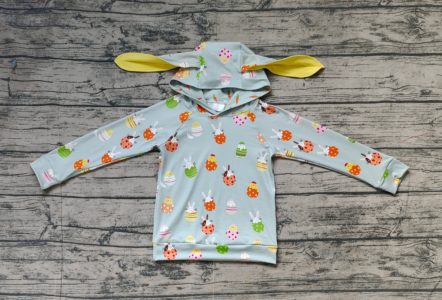 BT1136Baby Boys Easter Green Rabbits Eggs Long Sleeve Hooded Ears Tops