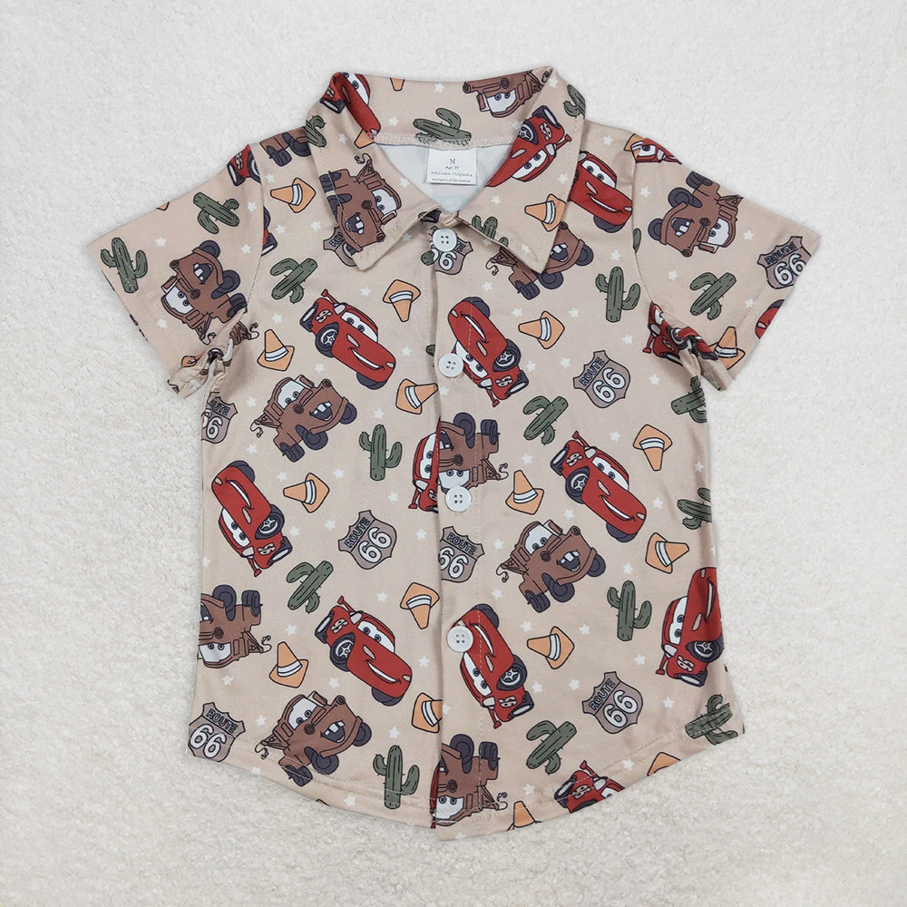 BT1154RTS NO MOQ Baby Boys Summer Tops Cars Cactus Short Sleeve Button down Shirt for Kids Boys Western Printed Casual Top for summer