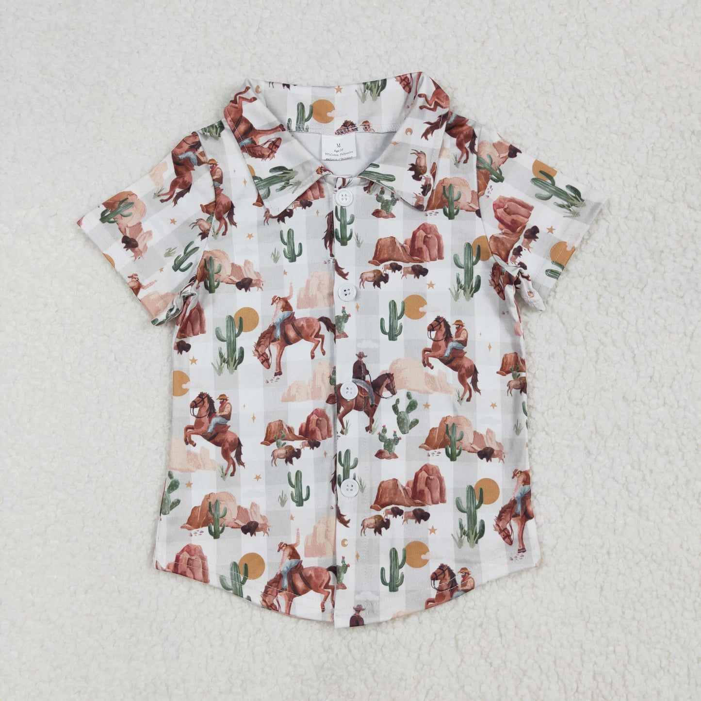 BT1155Charming Short-Sleeved Cow Cactus Themed Boys’ Button Down for Western Looks