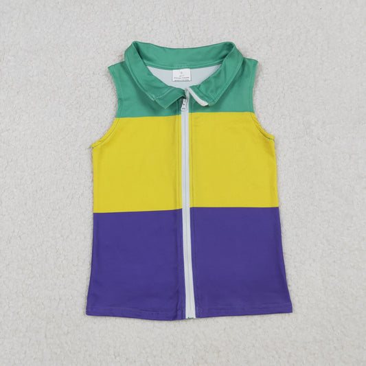 10.11 RTS NO MOQ (In stock)BT1157 Baby Boys Sleeveless Mardigras Patchwork Zip Tops Vests