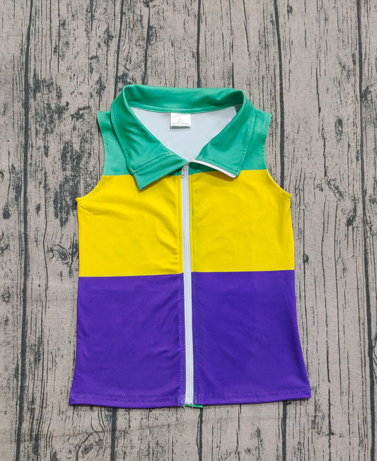 9.19 BT1157 Sample No Moq Fast Coming Sleeveless green yellow purple kids Mardi Gras zip vest
