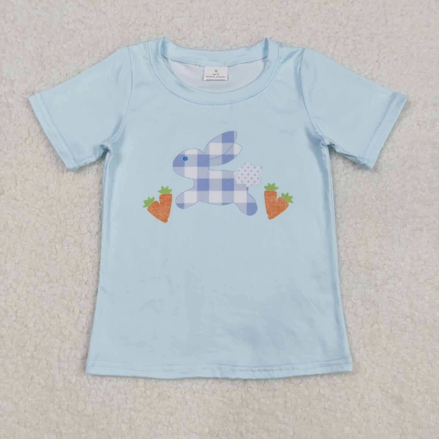 BT1166Light Blue Bunny Carrot Short Sleeve Easter Shirt for Boys Spring Holiday Fashion Kids' Clothing