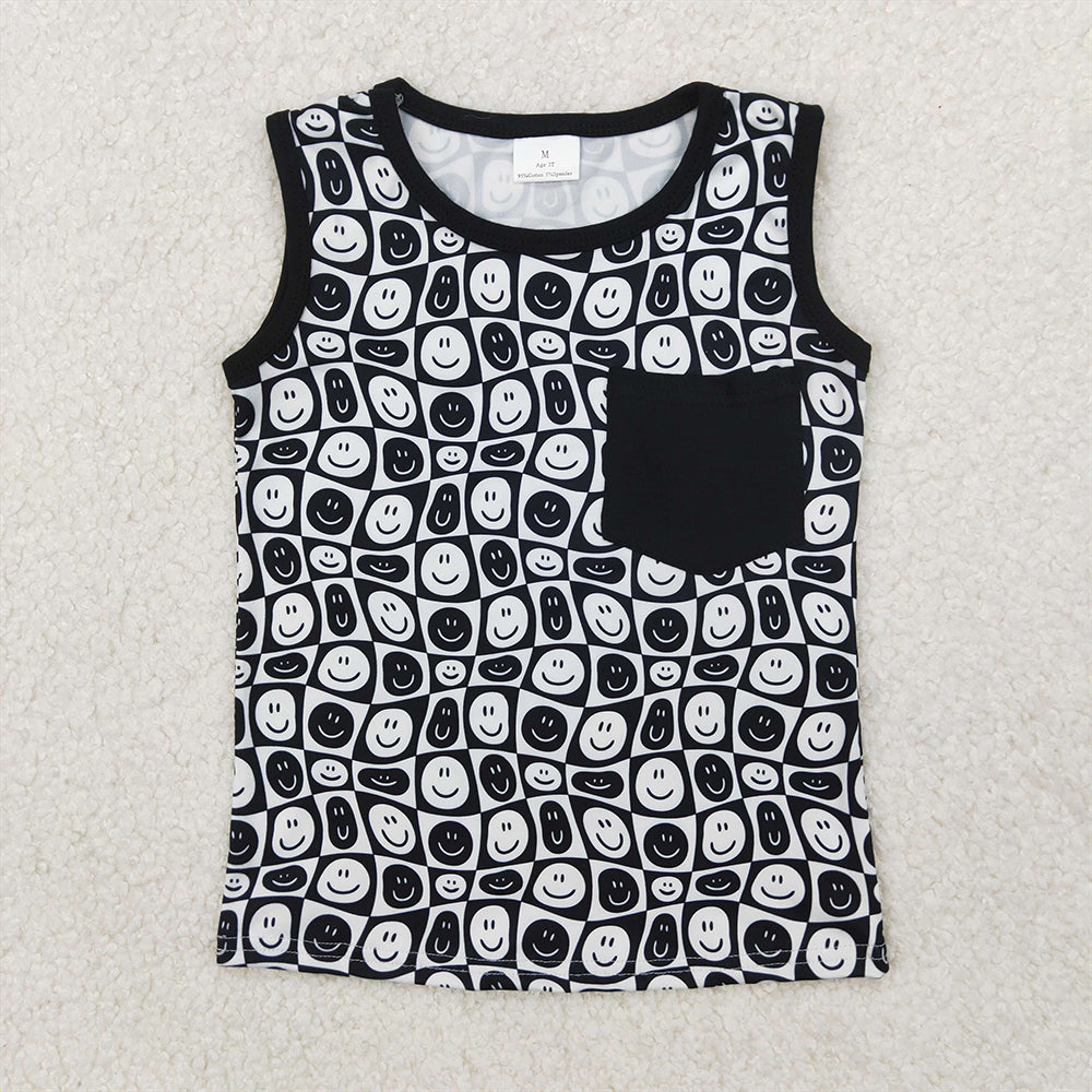 6.10 BT1192 RTS NO MOQ Baby Boys Summer Tops Black sleeveless plaid smile kids boys summer shirt