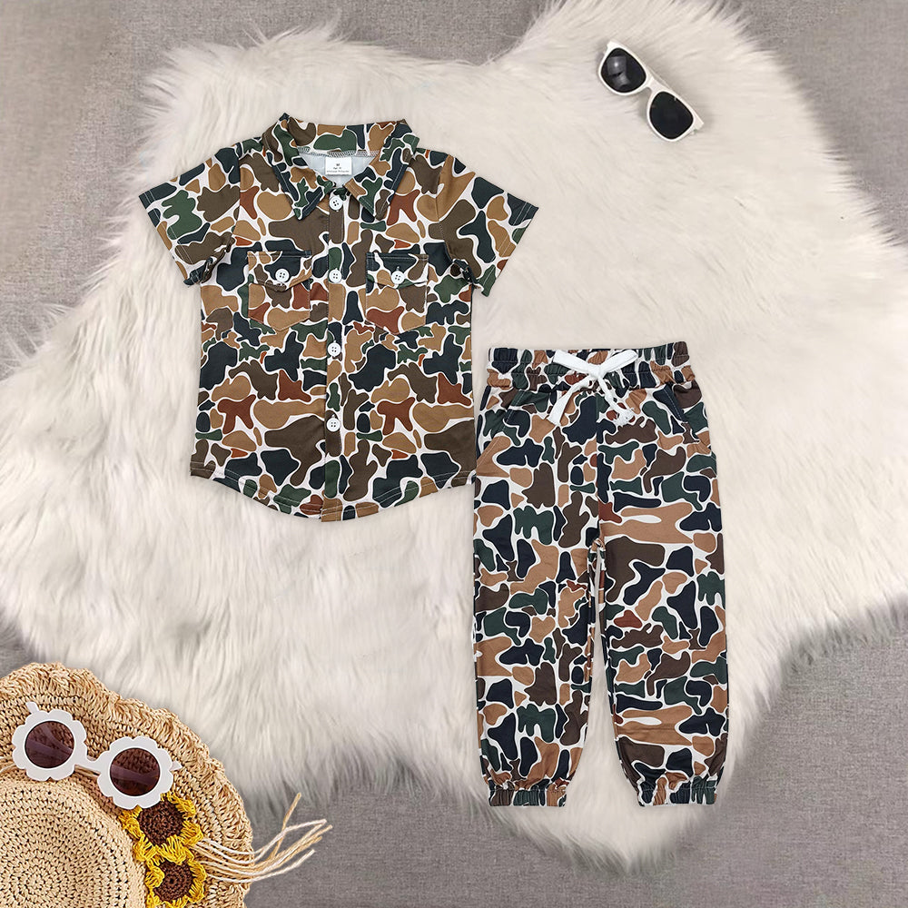 8.18 Sibling Short sleeves dark camo pockets kids boys button down shirt Brown camo pockets elastic waist boys hunting pants sets