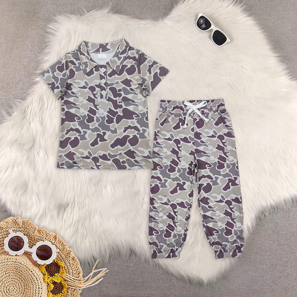 8.18 Sibling Grey camo pockets kids boys button down shirt Grey camo pockets elastic waist boys hunting pants sets