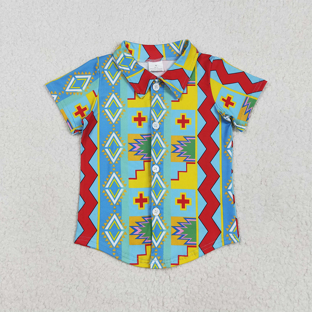 6.18 BT1225 RTS NO MOQ Baby Boys Short Sleeves Colorful Aztec Print Button Shirts Top