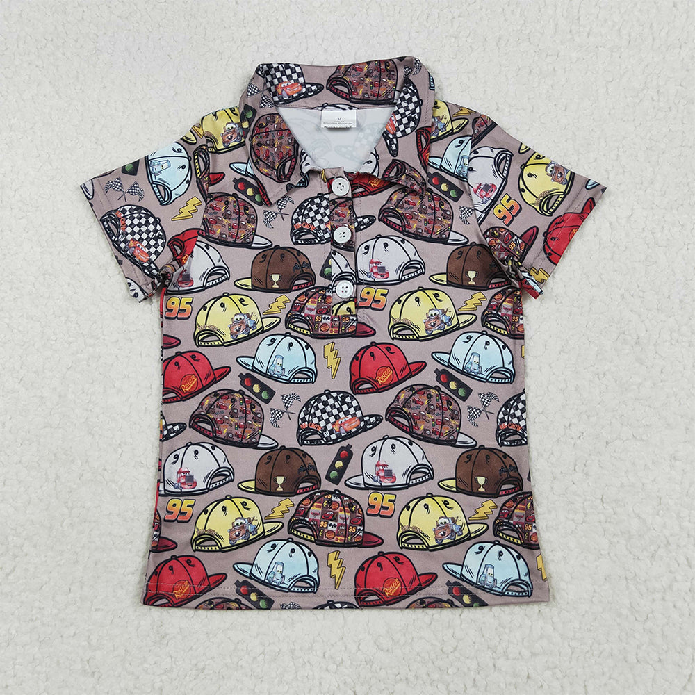 RTS NO MOQ (In stock)BT1228 Baby Boys Summer Tops Baby Boys Brown Short Sleeves Button Cartoon Hats Polo Shirts Top