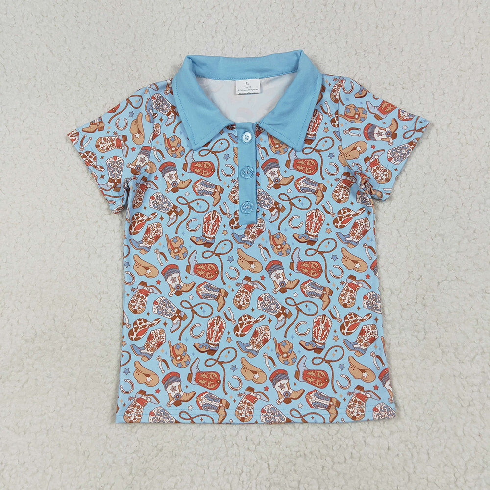 8.18 BT1256 RTS NO MOQ Baby Boys Summer Tops Baby Boys Blue Short Sleeves Hats Boots Button Pullovers Shirts Top