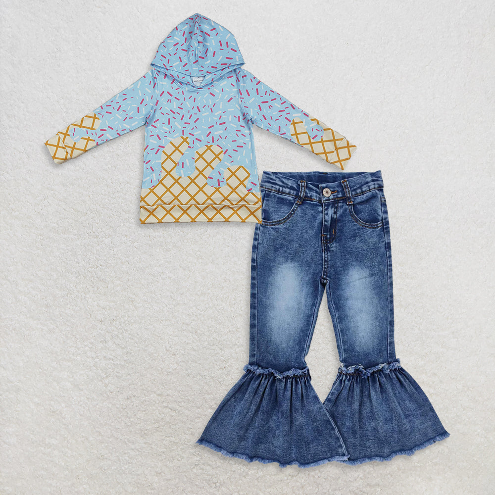 9.26 RTS NO MOQ (In stock)BT1270 + P0676 Baby Boys Blue Team Sprinkles Drips Long Sleeves Hoodies Tops Denim Flare Pants Jeans