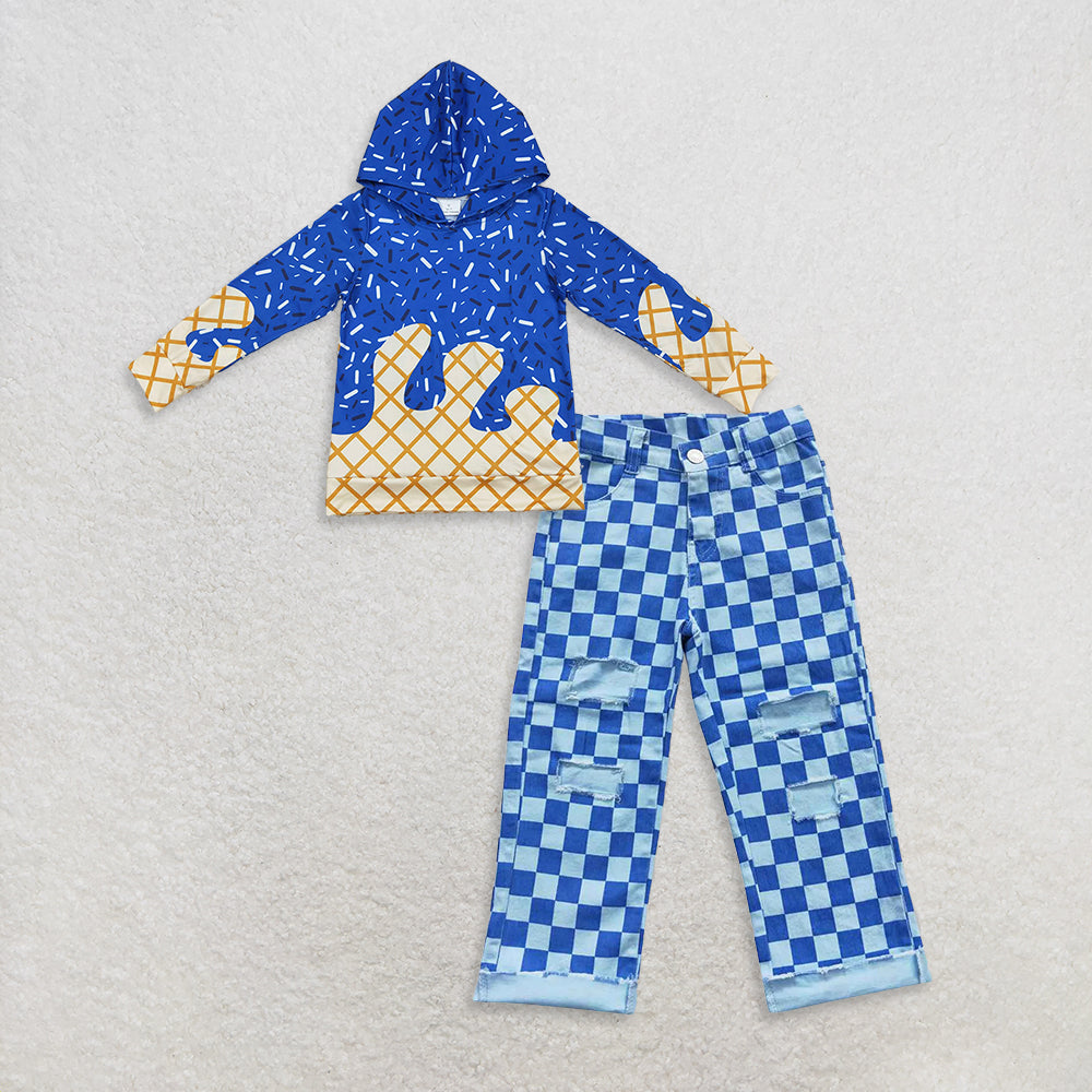 9.26 RTS NO MOQ (In stock)BT1275 + P0097 Baby Kids Royal Blue Long Sleeves Team Sprinkles Drips Hoodies Tops Checkered Denim Cool Pants