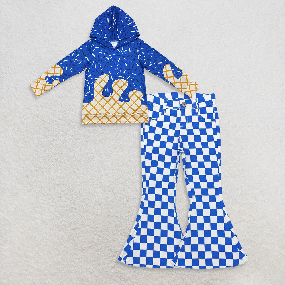 9.26 RTS NO MOQ (In stock)BT1275 + P0610 Baby Kids Royal Blue Long Sleeves Team Sprinkles Drips Hoodies Tops Checkered Fall Bell Flare Denim Pants