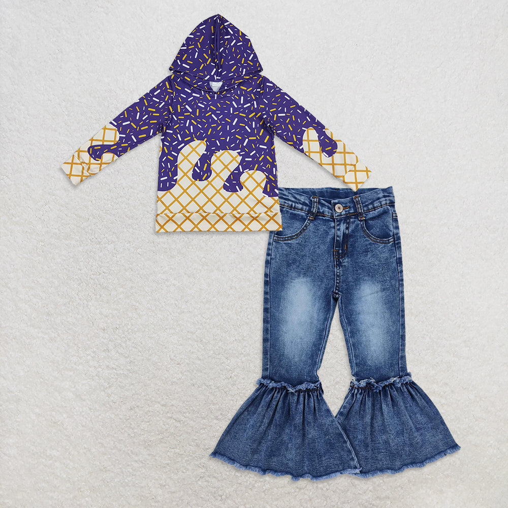 10.1 RTS NO MOQ (In stock)BT1276 + P0676 Baby Boys Purple Sprinkles Drips Team Hoodies Tops Denim Flare Pants Jeans