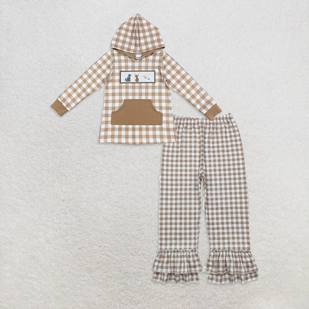 9.30 RTS NO MOQ (In stock)BT1285 + P0607 Embroidery Dogs Deer Ducks Baby Boys Khaki Plaid Pocket Western Hoodies Top Checkered Ruffle Pants