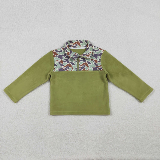 10.22 RTS NO MOQ (In stock)BT1308 Baby Boys Green Camo Quatrefoil Zipper Pullover Sherpa Tops