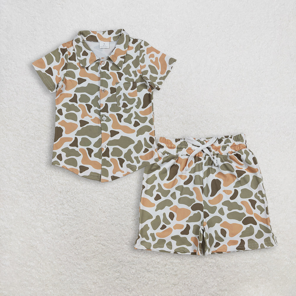 12.6 RTS NO MOQ (In stock)BT1312 + SS0698 Baby Boys Western Green Khaki Camo Button Pocket Shirts Top Pockets Shorts Bottom
