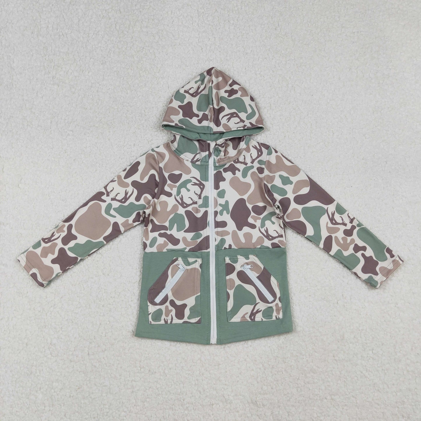 9.29 RTS NO MOQ (In stock)BT1335 Baby Boys Brown Deer Camo Pocket Zipper Western Hoodies Top