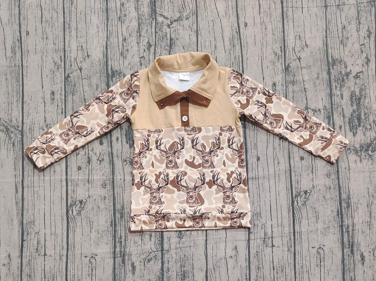 10.1 BT1338 XS-3XL Sample No Moq Baby Boys Khaki Camo Deer Button Western Pullovers Top
