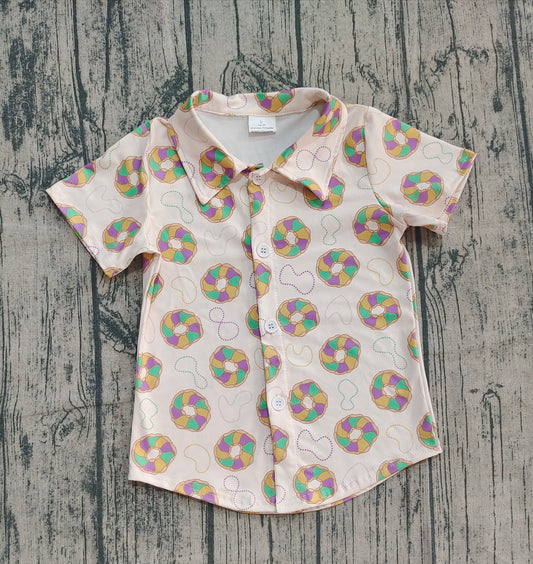 9.24 BT1372 Sample No Moq Baby Boys Short Sleeve Donuts Button Mardigras Tee Shirts Top