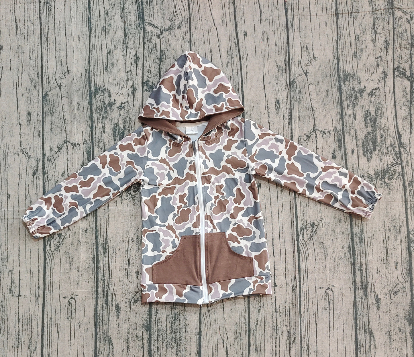 9.30 BT1376 Sample No Moq Baby Boys Brown Green Camo Pockets Zipper Hoodies Jackets Top