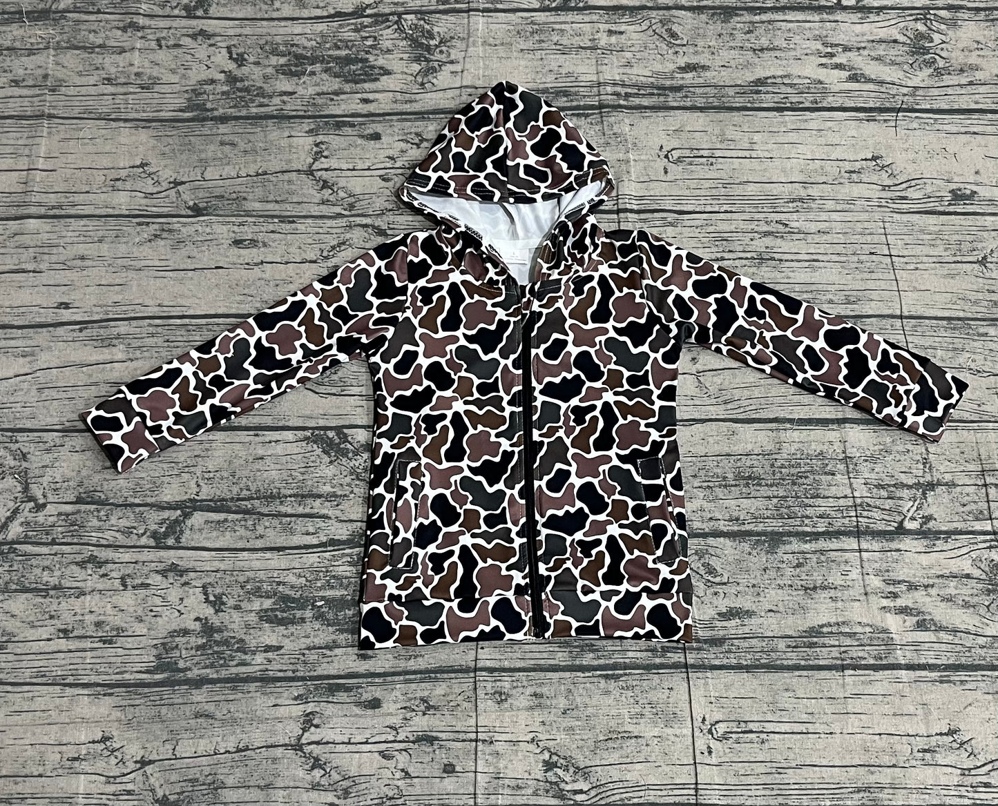 11.24 BT1382 Sample No Moq Baby Boys Dark Brown Camo Pockets Zipper Western Hoodie Jackets Top