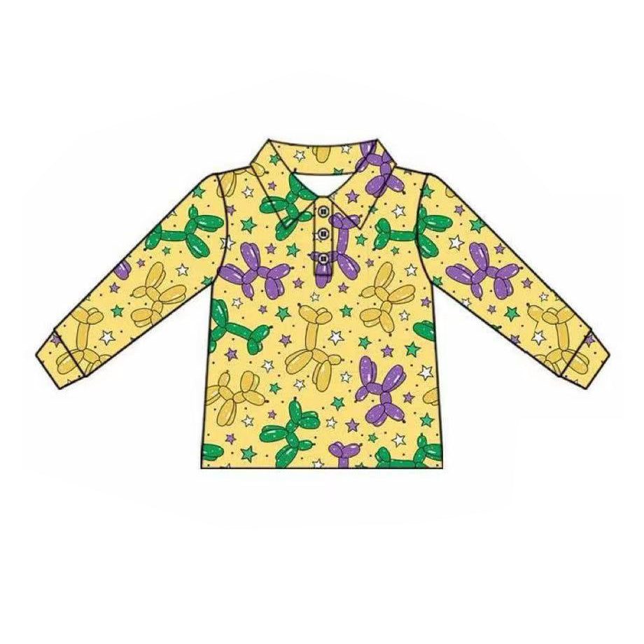 9.26 BT1388 Pre order No Moq Baby Boys Yellow Long Sleeve Stars Dogs Mardigras Polo Shirts Top
