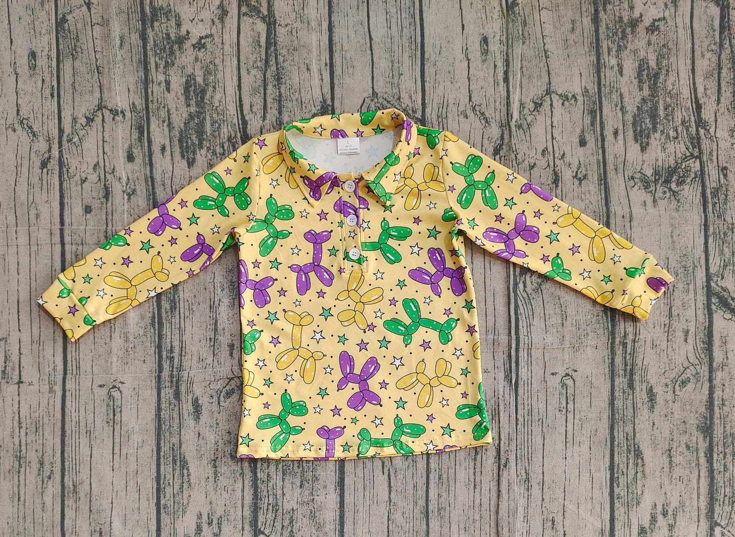 12.29 BT1388 Sample No Moq Baby Boys Yellow Long Sleeve Stars Dogs Mardigras Polo Shirts Top