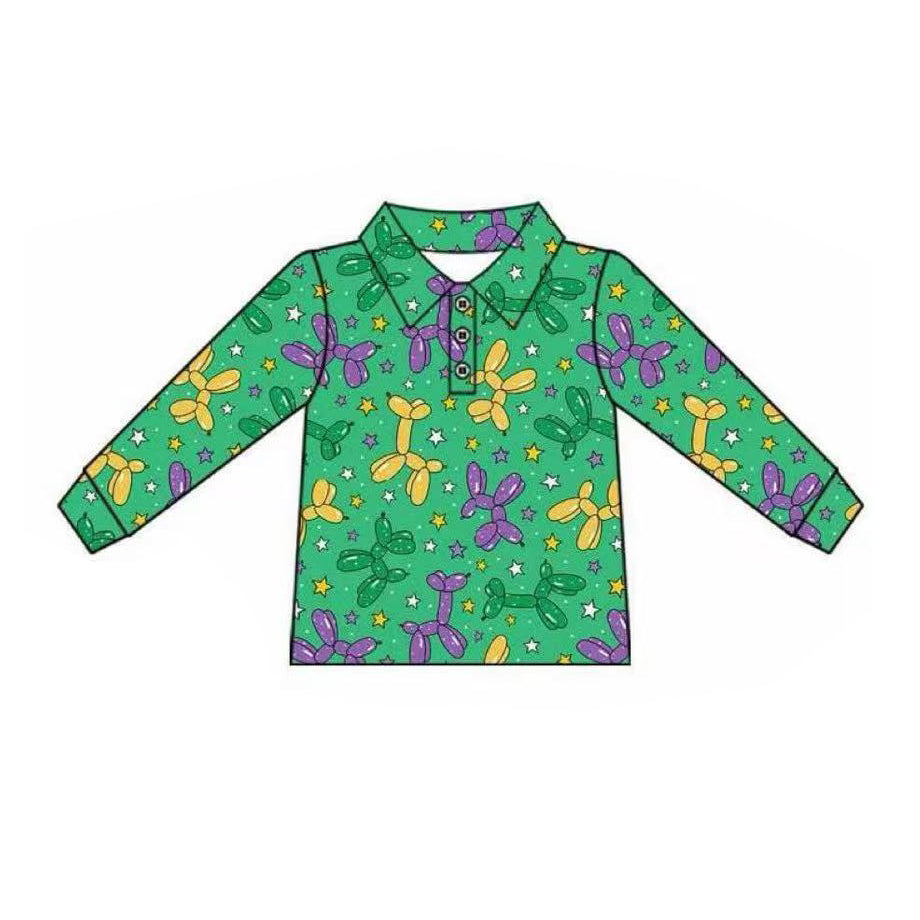 9.26 BT1389 Pre order No Moq Baby Boys Green Long Sleeve Stars Dogs Mardigras Polo Shirts Top