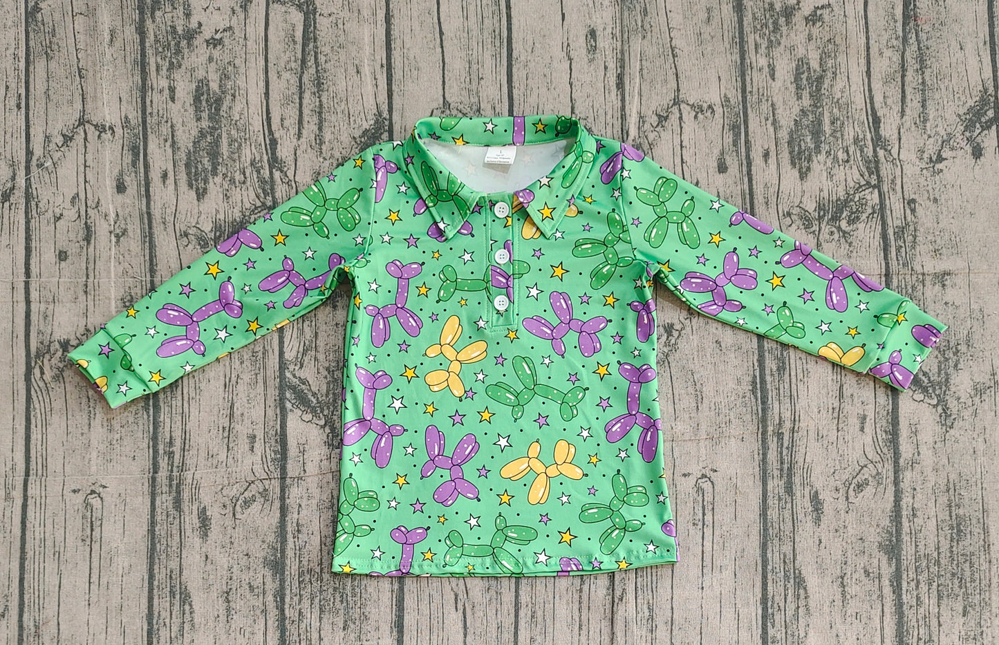 12.29 BT1389 Sample No Moq Baby Boys Green Long Sleeve Stars Dogs Mardigras Polo Shirts Top