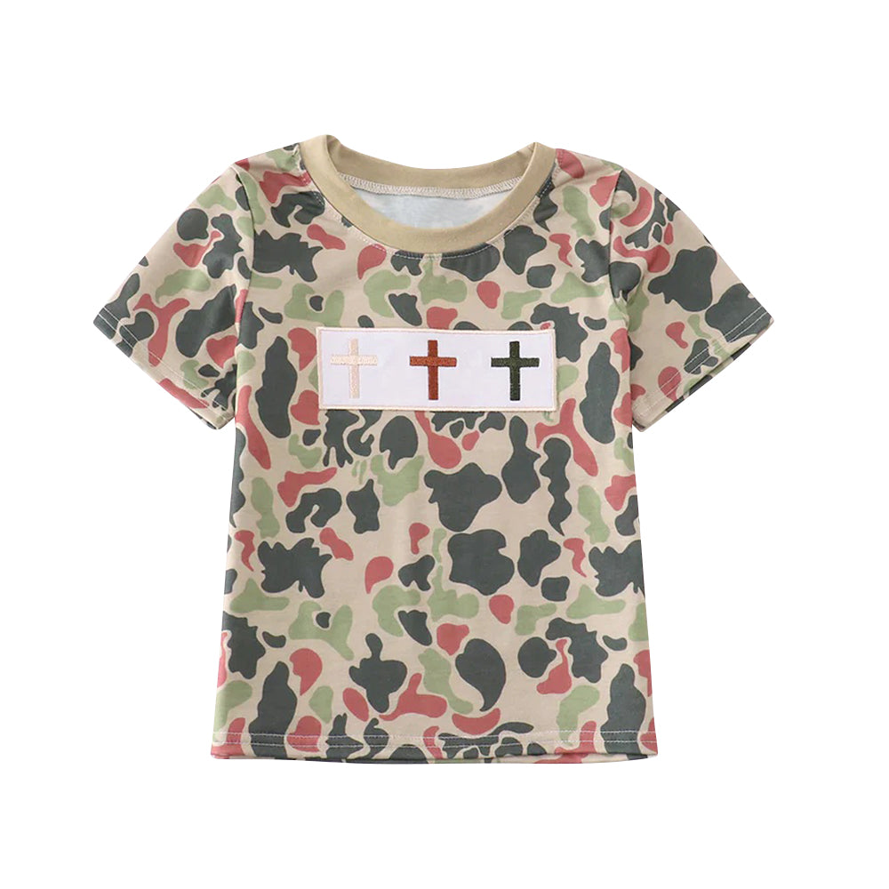 10.3 BT1395 Pre order No Moq Baby Boys Green Red Camo Crosses Short Sleeve Easter Tee Shirts Top