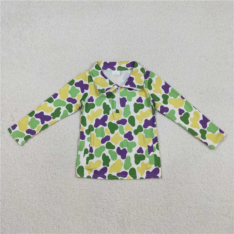 11.28 RTS NO MOQ (In stock)BT1400 Baby Boys Mardigras Camo Long Sleeve Zipper Pockets Pullovers Top