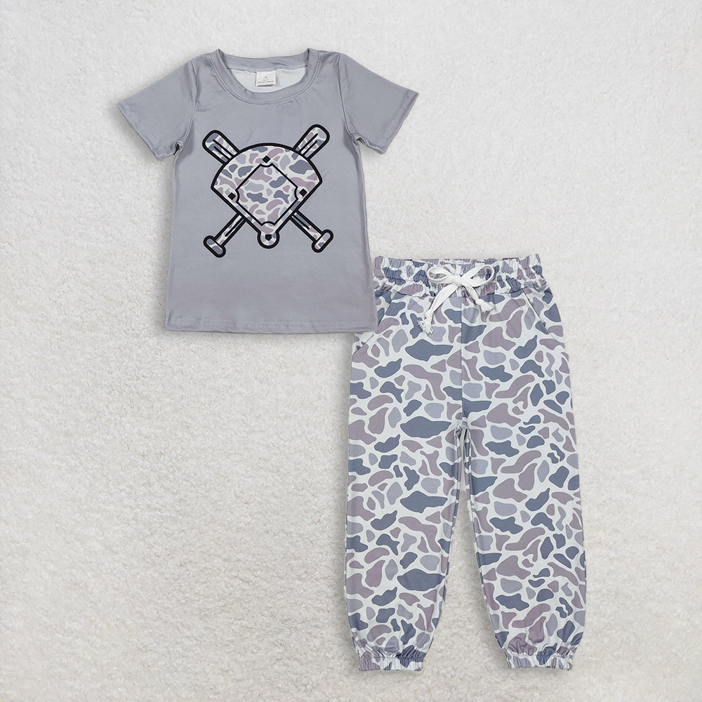 12.6 RTS NO MOQ (In stock)BT1421 + P0651 Baby Boys Short Sleeve Grey Camo Baseballs Team T-shirts Top Pockets Jogger Pants