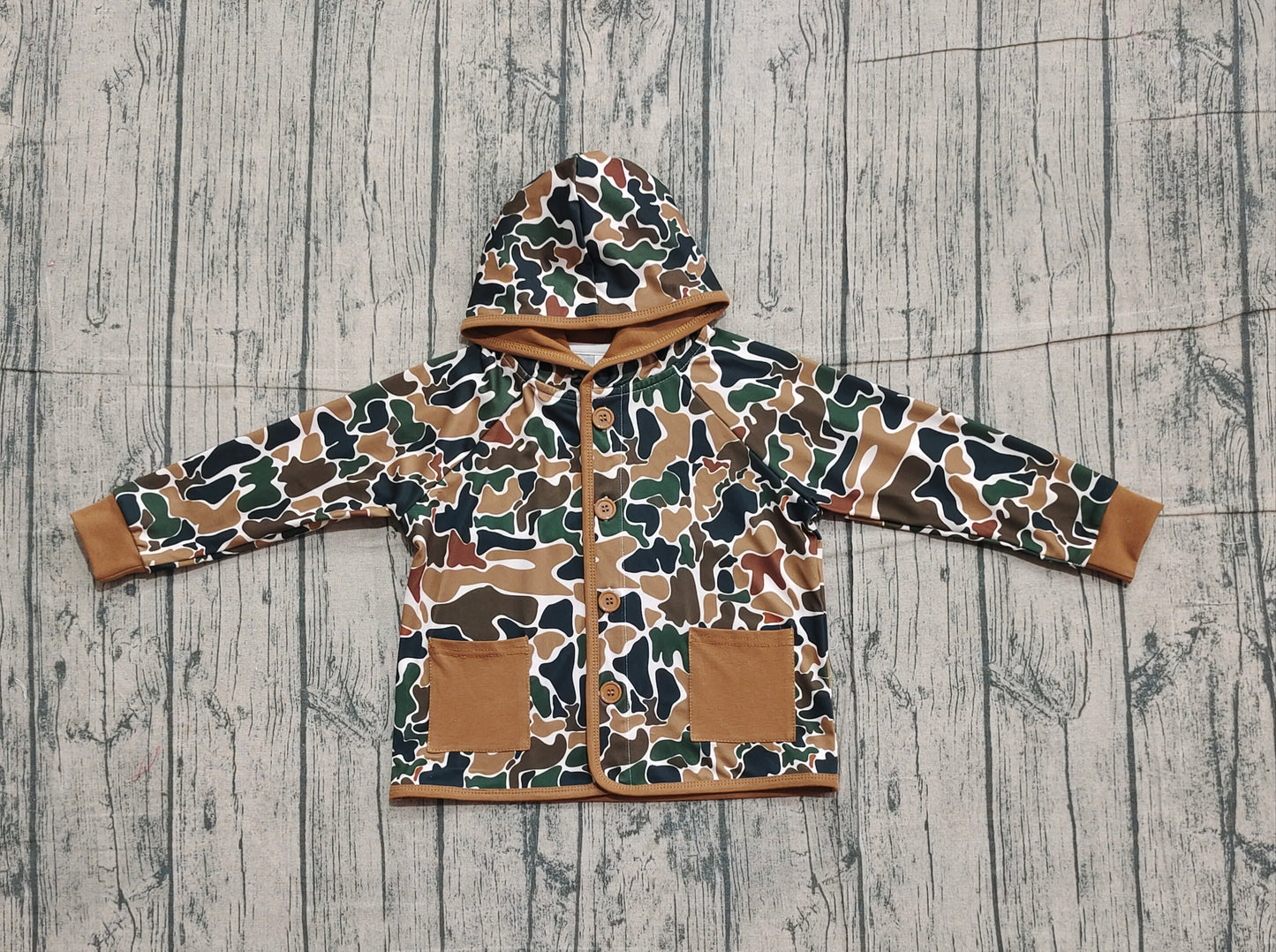 10.29 BT1442 Sample No Moq Baby Boys Dark Brown Camo Button Pockets Hooded Jackets Tops