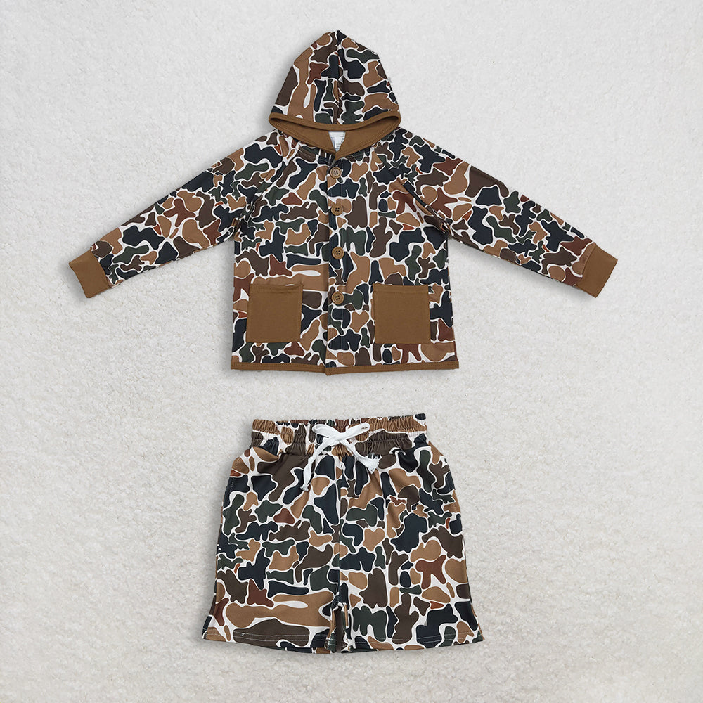 12.29 RTS NO MOQ (In stock)BT1442 + SS0732 Baby Boys Southern Dark Brown Camo Button Pockets Hoodie Jackets Top Pockets Shorts Bottom