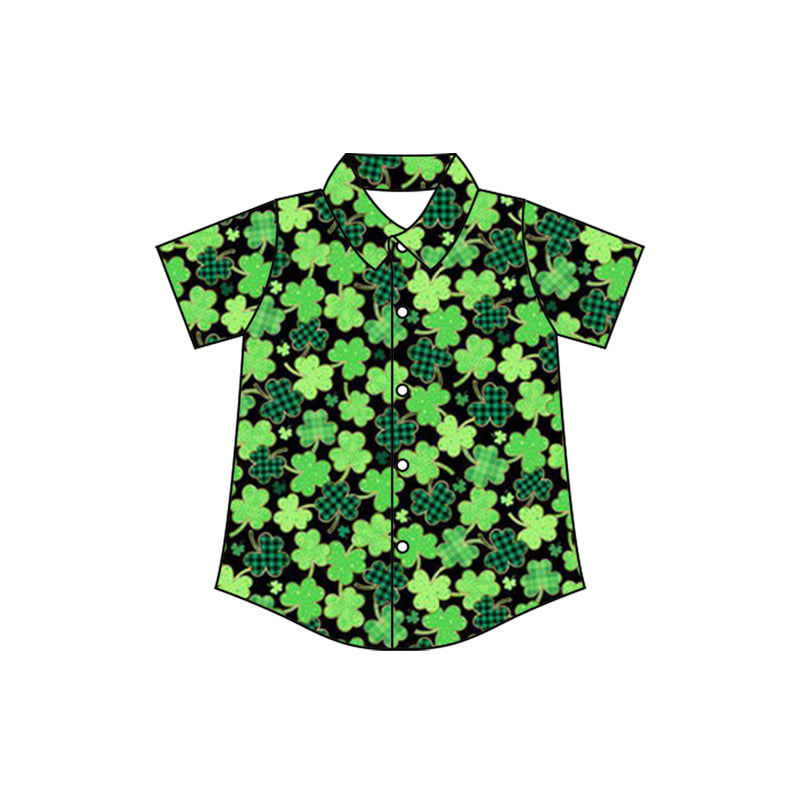 10.23 (Pre Order) No moq BT1455 PRE-ORDER Baby Boys Green Clovers Plaid Button St Patrick Shirts Top