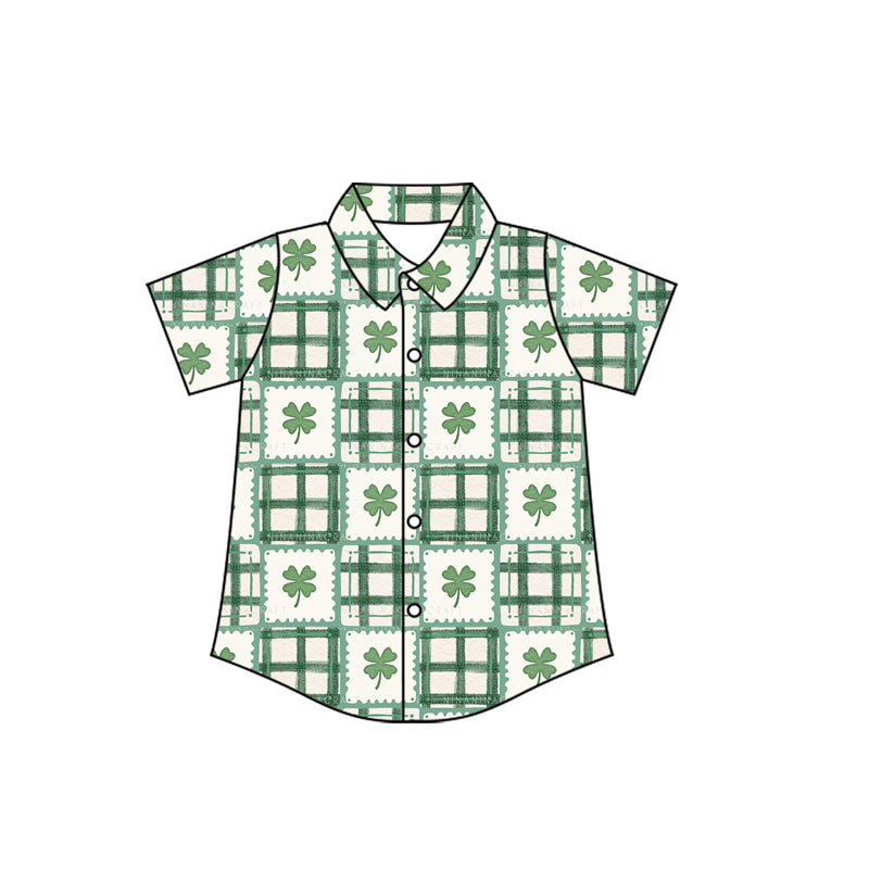 10.23 (Pre Order) No moq BT1458 PRE-ORDER Baby Boys Clovers Checked Button St Patrick Shirts Top