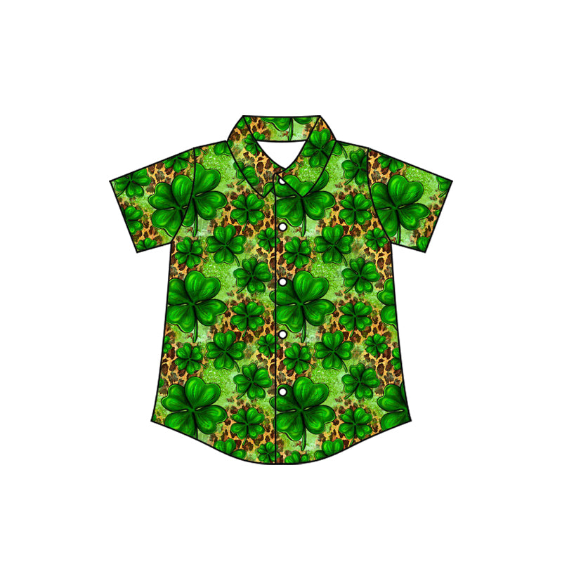 10.23 (Pre Order) No moq BT1460 PRE-ORDER Baby Boys Clovers Leopard Button St Patrick Shirts Top