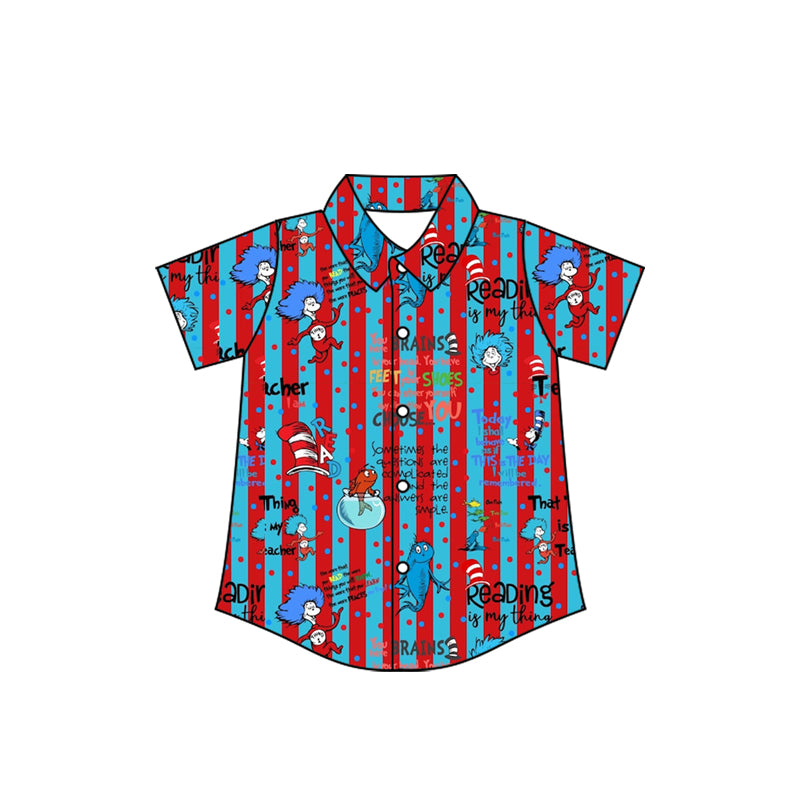 10.23 (Pre Order) No moq BT1463 PRE-ORDER Baby Boys Blue Red Stripe Mr Reading Button Shirts Top