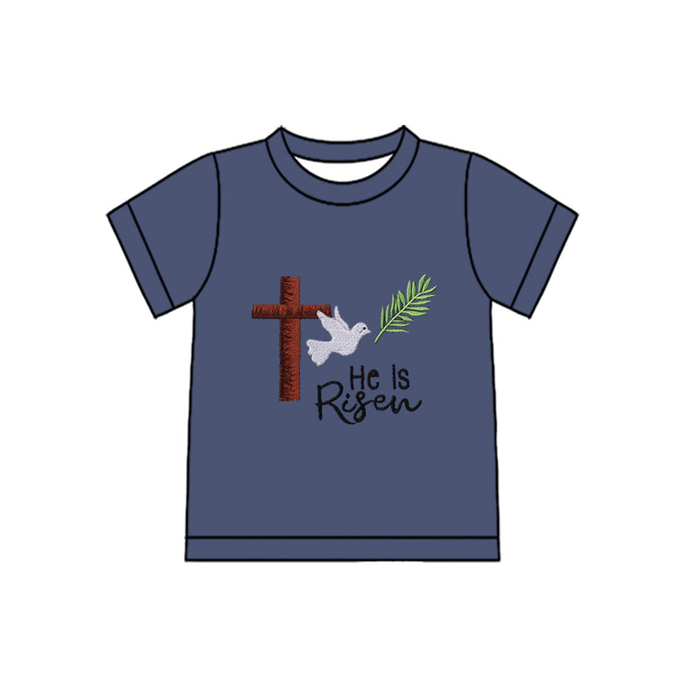 10.30 BT1484 Pre order No Moq Baby Boys Short Sleeve Cross He is Risen Easter T-shirts Top